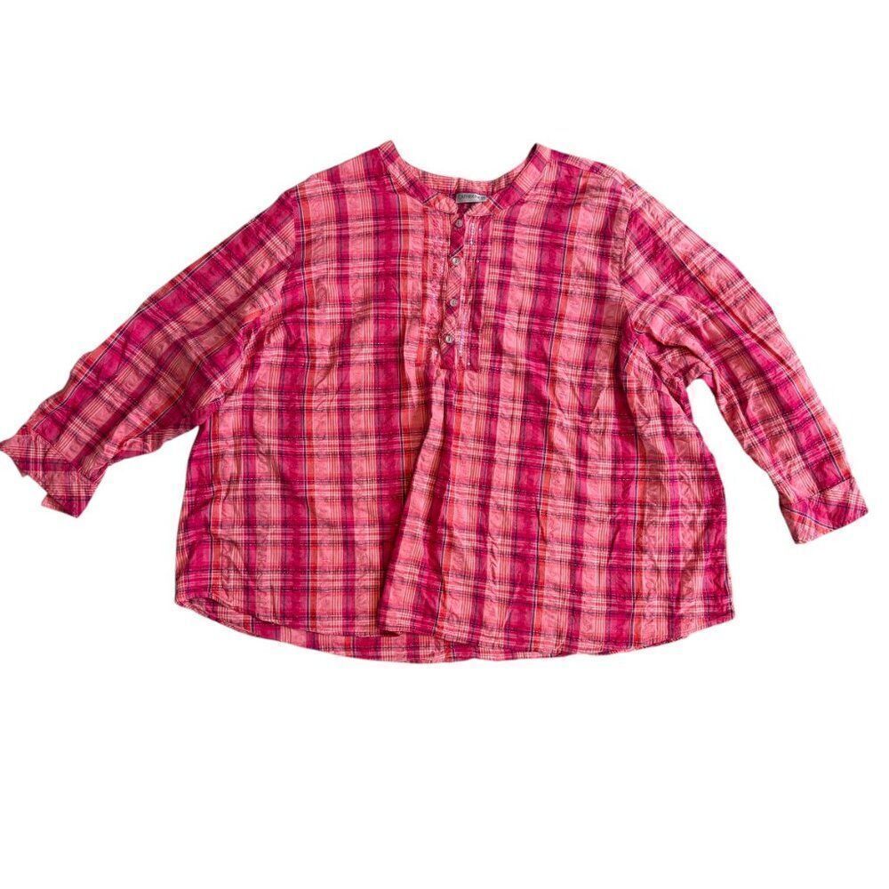 Catherine's Pink Plaid Top Womens Plus 3X Seersucker Long Sleeve Half Button - Picture 1 of 8